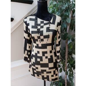 Peck & Peck Top Blouse Womens S Beige Black Geometric Print Long Sleeve Pullover